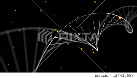 Image of dna strands spinning and glowing spots of light over black background Image of dna strands spinning and glowing spots of light over black background 124433657