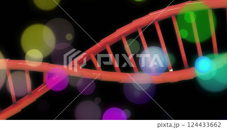 Image of dna strands spinning and glowing spots of light over black background Image of dna strands spinning and glowing spots of light over black background 124433662