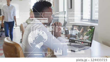 Image of data processing over diverse colleagues having image call in office 124433723