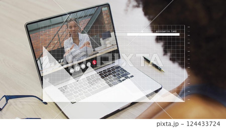 Image of data processing over diverse colleagues having image call in office 124433724