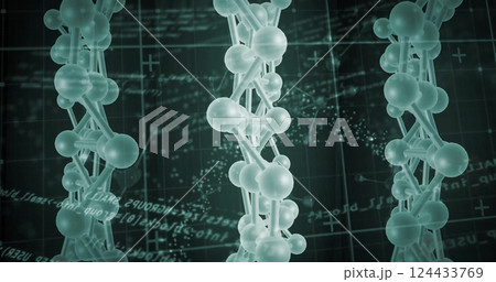 Image of scientific data processing over dna strands on dark background 124433769