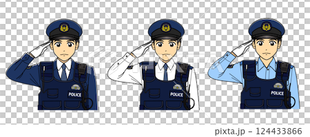 敬礼する防刃ベストを着た男性警察官3種セット（制帽）のイラスト素材
