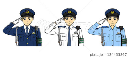 敬礼する男性警察官3種セット（防刃ベストなし・制帽） 124433867