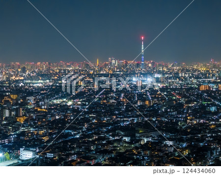 空撮「東京都」ドローンで江戸川上空から東京夜景を撮影 124434060