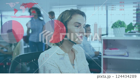 Image of financial data processing over caucasian businesswoman in office Image of financial data processing over caucasian businesswoman in office 124434289