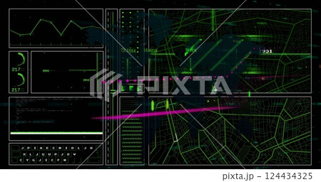 Image of financial data processing over grid on dark background Image of financial data processing over grid on dark background 124434325