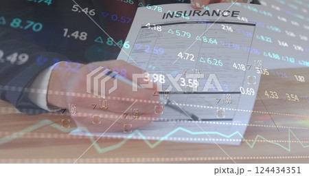 Image of financial data processing over caucasian businessman with insurance policy Image of financial data processing over caucasian businessman with insurance policy 124434351