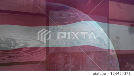 Image of flag of austria and image screens showing water over globe in space Image of flag of austria and image screens showing water over globe in space 124434371