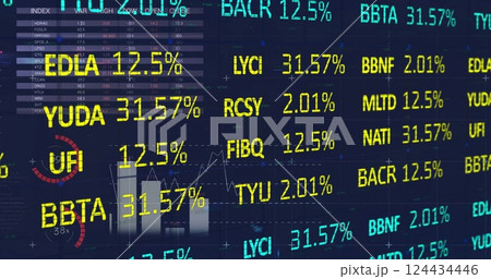 Image of financial data processing over blue background 124434446