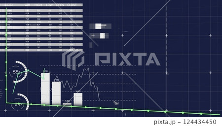 Image of financial data processing over blue background 124434450