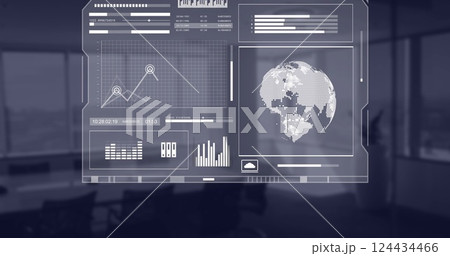 Image of globe, statistics and data processing over office 124434466
