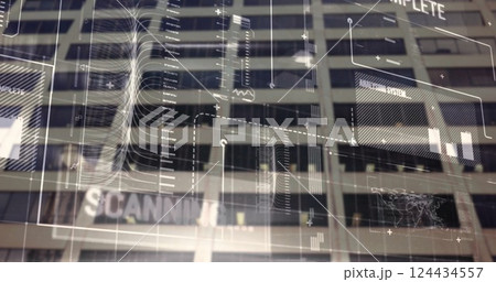 Image of financial data processing over office building 124434557
