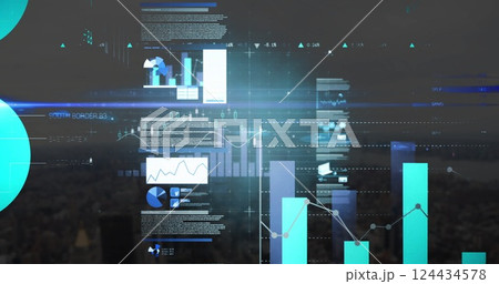 Image of data processing and diagrams over cityscape Image of data processing and diagrams over cityscape 124434578