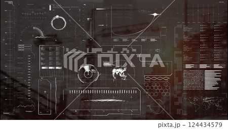 Image of data processing and diagrams over cityscape Image of data processing and diagrams over cityscape 124434579