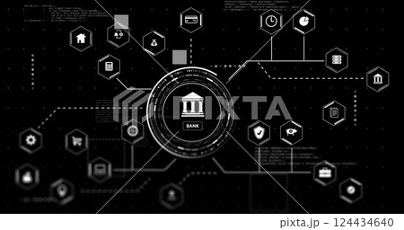 Image of network of connections with icons digital data processing over black background 124434640