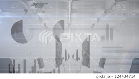 Image of financial data processing over desk with computers on white background Image of financial data processing over desk with computers on white background 124434714