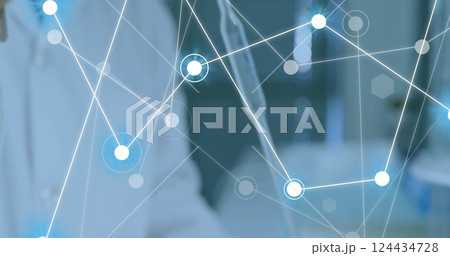 Image of network of connections over caucasian male scientist in laboratory Image of network of connections over caucasian male scientist in laboratory 124434728