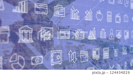 Image of business icons over caucasian male soldier with rifle Image of business icons over caucasian male soldier with rifle 124434819