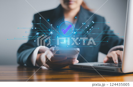 Business checking quality assurance QA or QC management. Service guarantee, validation certificate concept for business process automation, quality assurance management, approved, digital evaluation. Business checking quality assurance QA or QC management. Service guarantee, validation certificate concept for business process automation, quality assurance management, approved, digital evaluation. 124435005