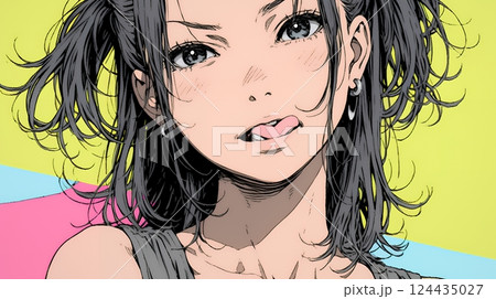 悪意や挑発の意味のある舌出しをしている若い女性 124435027