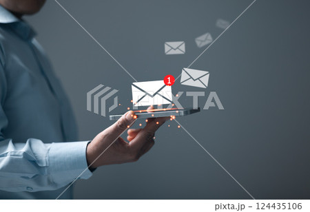Business people touch on email in virtual screen. Inbox receiving electronic message alert. New email notification concept for business e-mail communication and digital marketing. campaign online. 124435106