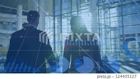Image of diagrams and data processing over diverse colleagues walking Image of diagrams and data processing over diverse colleagues walking 124435127