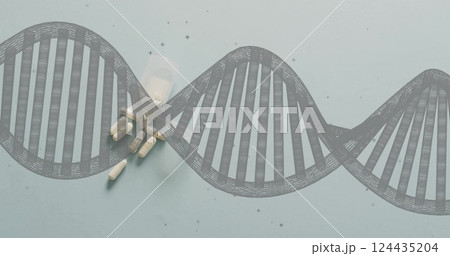Image of dna and dark spots over pills on grey background 124435204