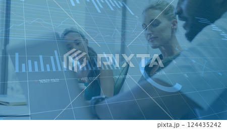 Image of financial data processing over diverse business people in office Image of financial data processing over diverse business people in office 124435242