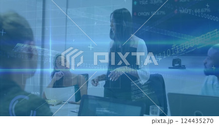 Image of financial data processing over diverse business people in office Image of financial data processing over diverse business people in office 124435270