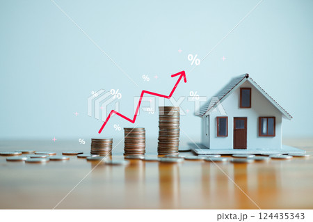 The up arrow shows the inflation rate. Interest rates increase, home loan, mortgage, house tax. investment and asset management concept. percentage for increasing interest rates with stacks coins 124435343