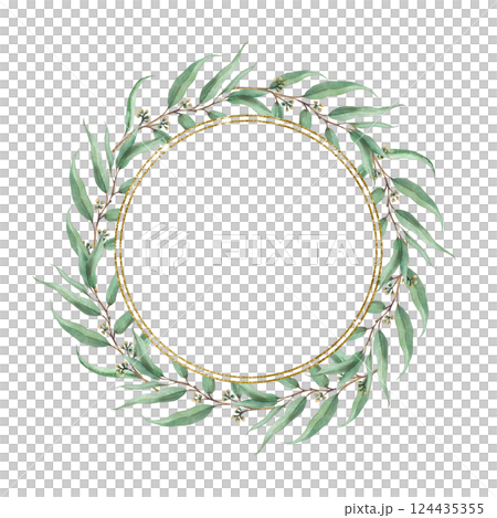 Eucalyptus seeded plant wreath. Watercolor golden circle frame with green branches, leaves and buds. Hand drawn illustration round template for wedding, greeting card Clipart isolated from background Eucalyptus seeded plant wreath. Watercolor golden circle frame with green branches, leaves and buds. Hand drawn illustration round template for wedding, greeting card Clipart isolated from background 124435355