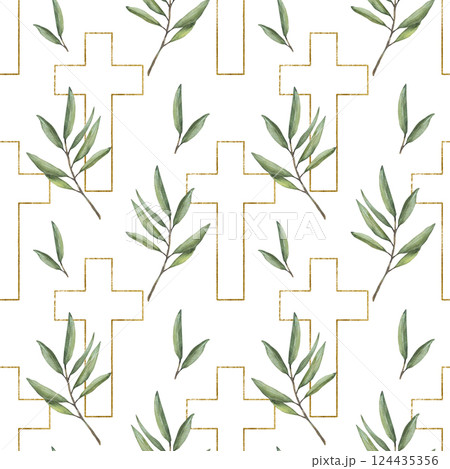 Golden Cross with green olive tree branch watercolor seamless pattern. Religious painted illustration. Gold framed cross. Clipart for christening, easter fabric, wallpaper on isolated white background Golden Cross with green olive tree branch watercolor seamless pattern. Religious painted illustration. Gold framed cross. Clipart for christening, easter fabric, wallpaper on isolated white background 124435356