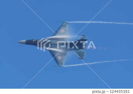 航空祭で機動飛行を行う航空自衛隊 飛行開発実験団のF-2B 航空祭で機動飛行を行う航空自衛隊 飛行開発実験団のF-2B 124435381