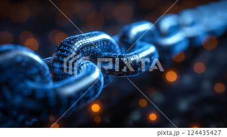 Digital chain link glowing with light against dark background. Generative AI 124435427