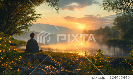 Vibrant sunset illuminates individual in serene contemplation by the ocean. Generative AI 124435440