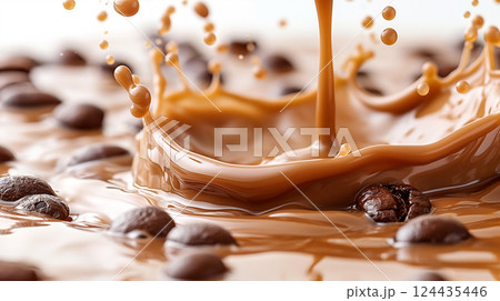 Coffee beans splashing in rich, dark liquid at close-up angle, coffee background. Generative AI 124435446
