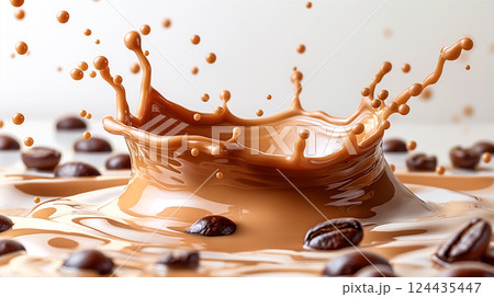 Coffee beans splashing in rich, dark liquid at close-up angle, coffee background. Generative AI 124435447