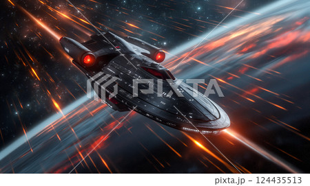 Journey through space at light speed with futuristic spacecraft. Generative AI 124435513