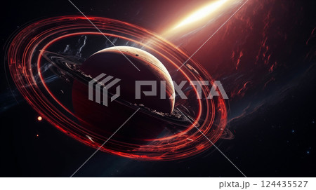 Cosmic landscape with rings around a planet and a glowing sun backdrop. Generative AI 124435527