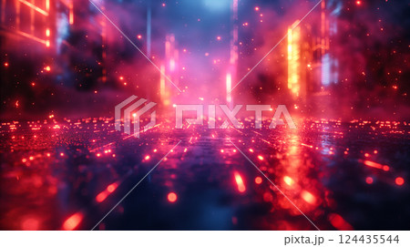 Vibrant neon streets illuminated by digital rain on a rainy night in the city. Generative AI 124435544