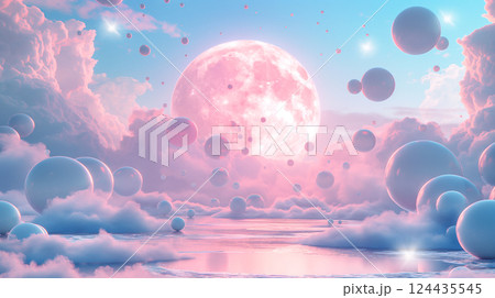 Breathtaking sunset with pink and blue sky and white clouds over calm water. Generative AI 124435545