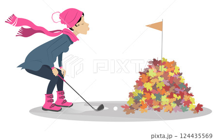 Golfer woman and problem to make a shot on the golf course. Autumn. And of golf season. Big pile of leaves above the golf hole disturbs golfer woman to do a good shot Golfer woman and problem to make a shot on the golf course. Autumn. And of golf season. Big pile of leaves above the golf hole disturbs golfer woman to do a good shot 124435569