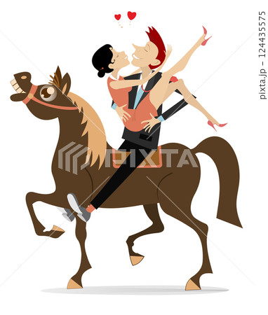 Happy man and woman ride a horse. Love couple rendezvous. Happy young man with woman on the hands ride a horse. Isolated on white background 124435575
