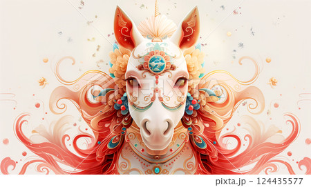 Adorable festive horse with floral motifs symbol of 2026 Chinese new year background. Generative AI 124435577