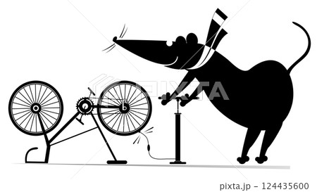 Cycling rat or mouse and a broken bicycle.  Cartoon rat or mouse inflates the wheel of the bicycle. Sportsperson repairs the bicycle. Black and white illustration 124435600