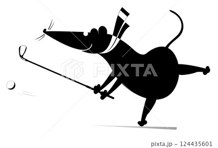 Cartoon rat or mouse plays golf.  Funny rat or mouse tries to do a good shot. Black and white illustration 124435601