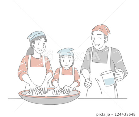 蕎麦打ち体験を楽しむ家族 124435649