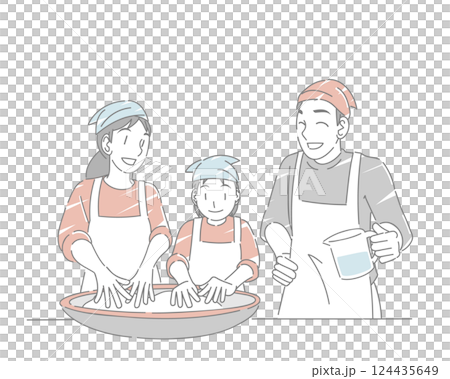 蕎麦打ち体験を楽しむ家族 124435649