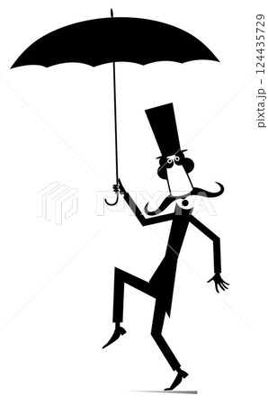 Funny man in the top hat holds an umbrella.  Illustration of the long mustache gentleman in the top hat with umbrella. Black and white 124435729