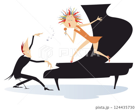 Couple musicians. Singer woman and pianist man.  Duet of musicians. Pianist man and standing on the piano with microphone singer woman 124435730